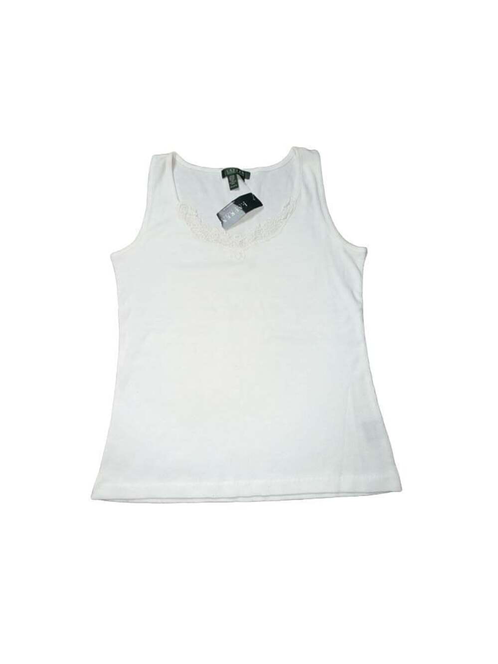 Lauren Ralph Lauren Women's White Ribbed Tank Top with Lace Trim - Picture 1 of 7